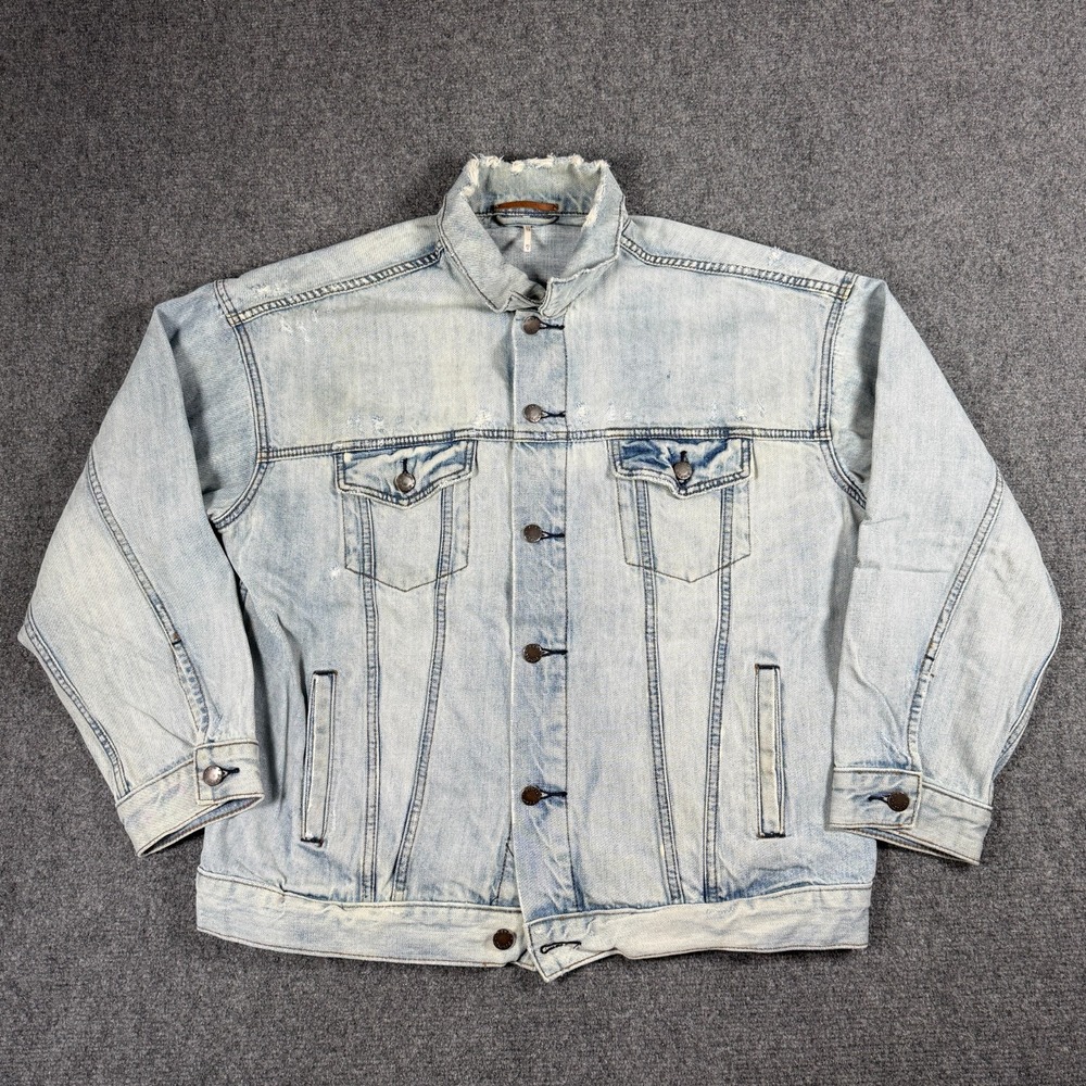 Free People Denim Jacket Womens XS/S Oversized Distressed Button Up Trucker Blue
